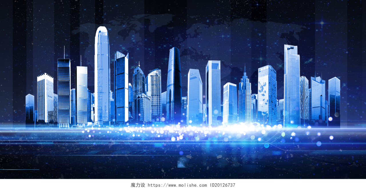 蓝色科技城市剪影展板插画背景